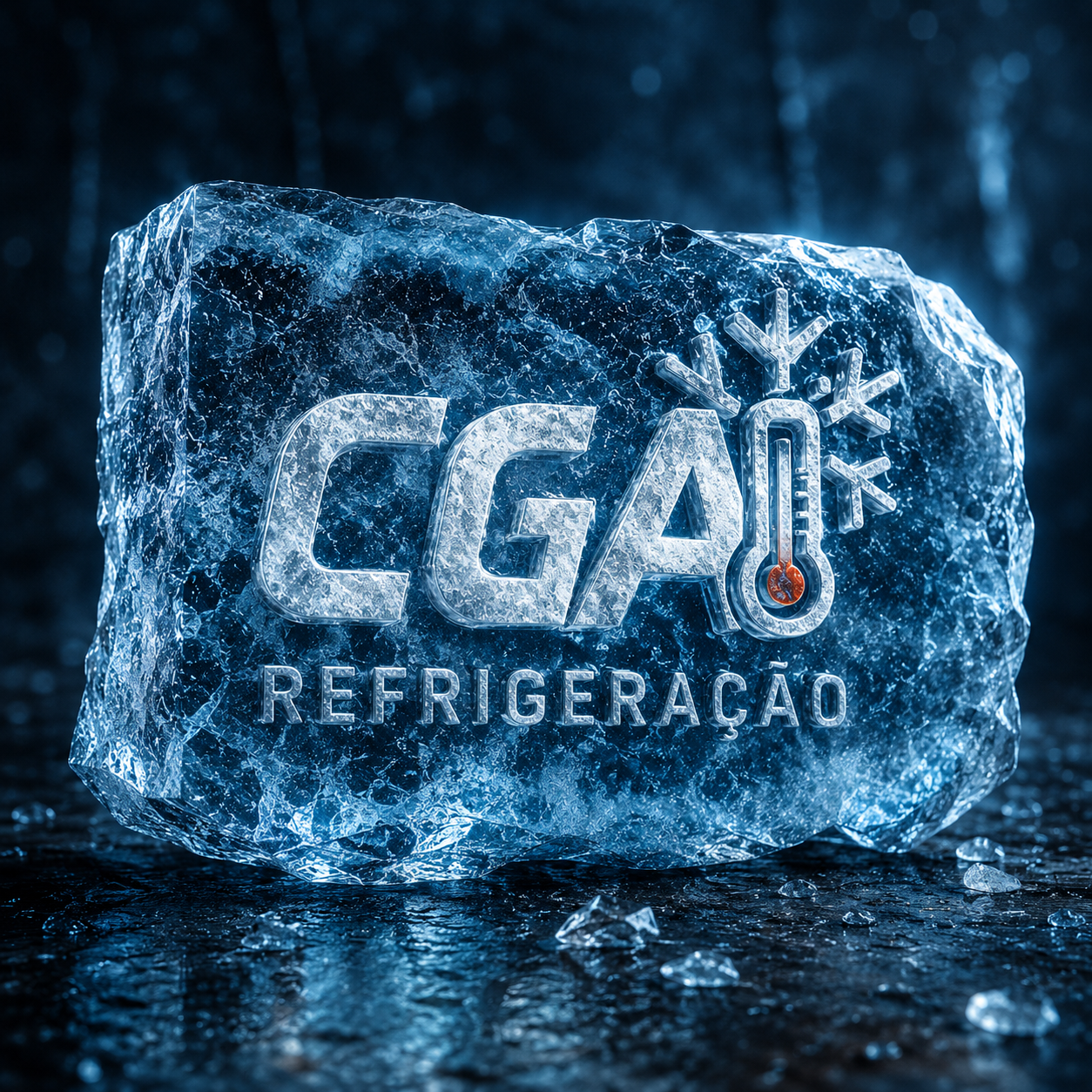 Logo CGA Refrigeração esculpido em pedra de gelo